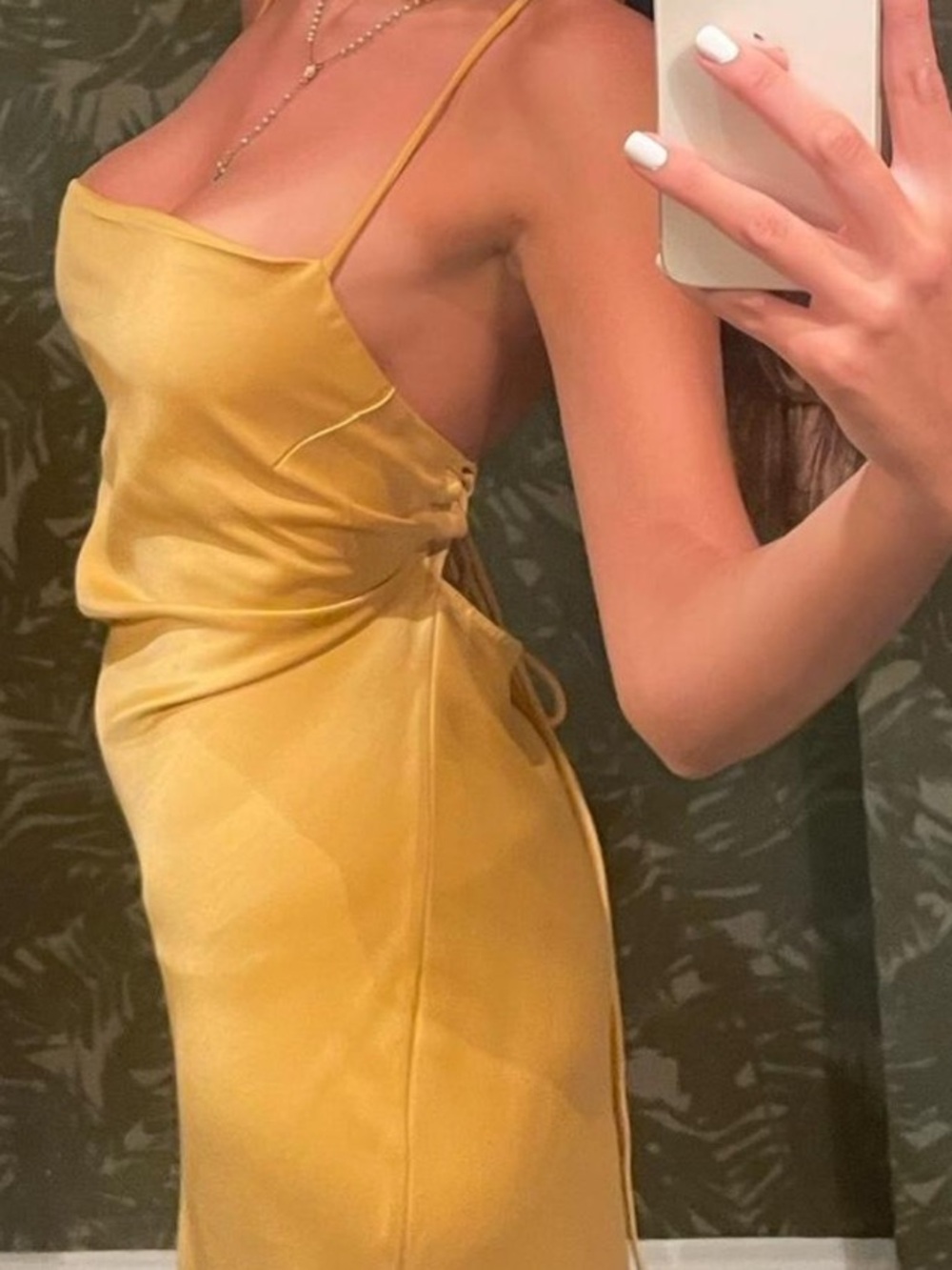 Meshki Backless Satin Slip Dress in Mustard
